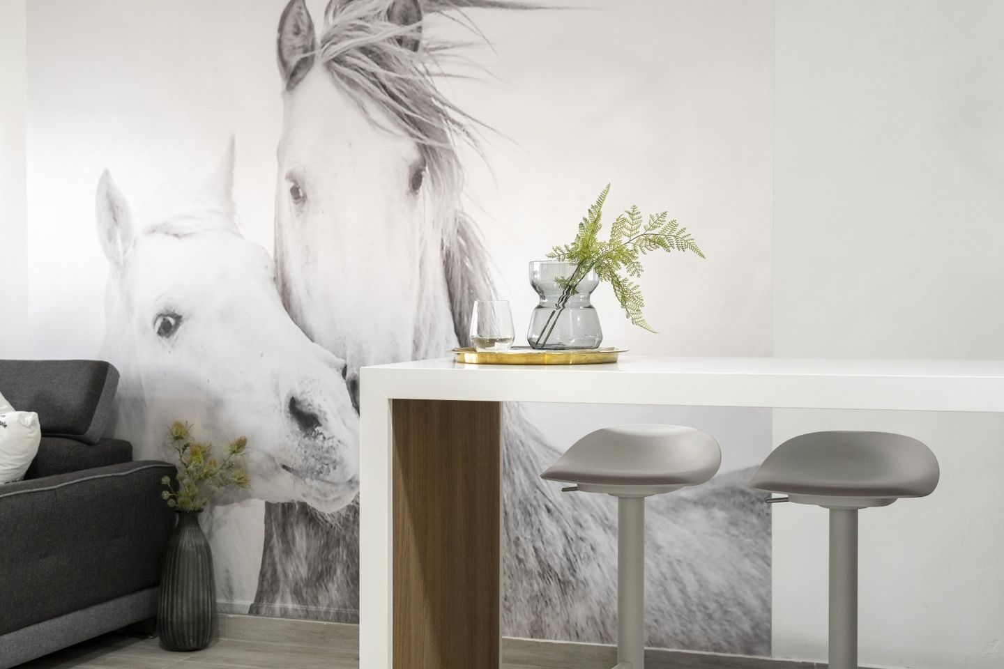 Wall Design With Black And White Horse-Printed Wallpaper - Livspace