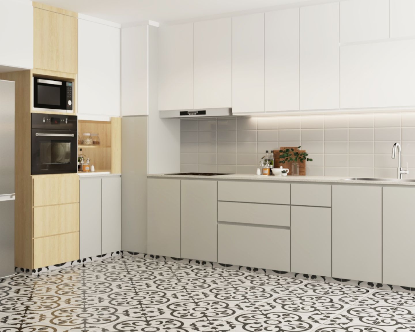 Black And White Patterned Flooring Design For Kitchens - Livspace