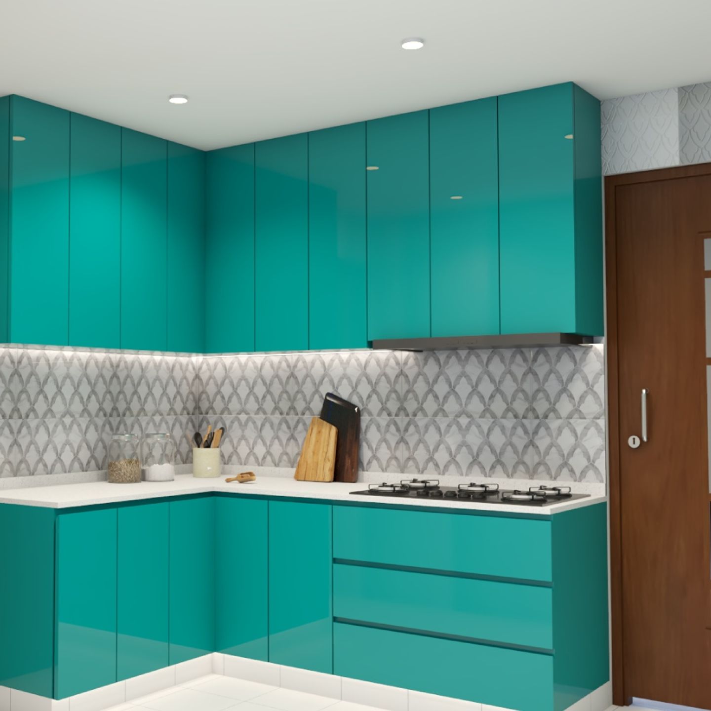 Modern L-Shaped Kitchen Cabinet Design With Spacious Teal Cabinets