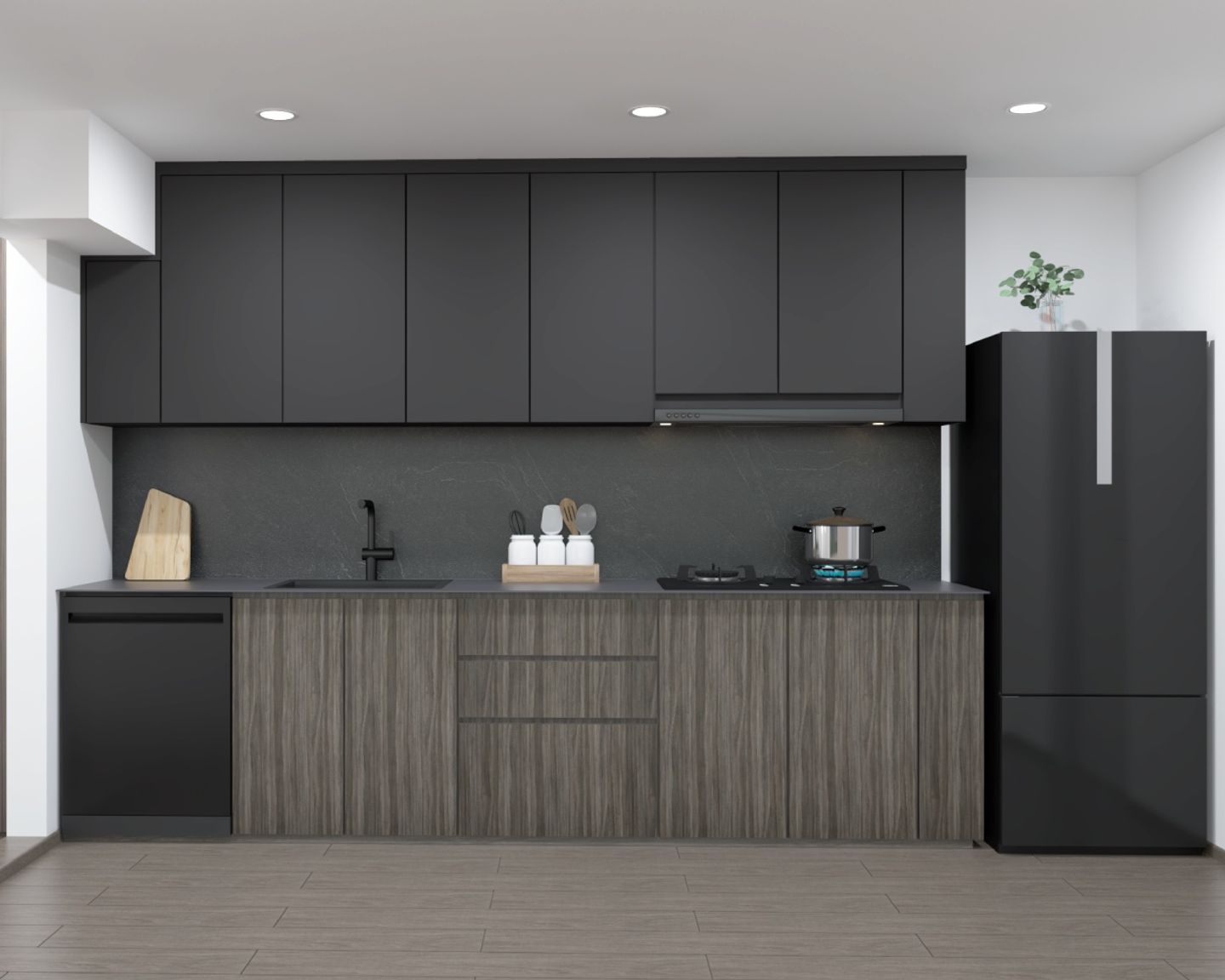 Dark-Coloured Straight Kitchen Design -Livspace