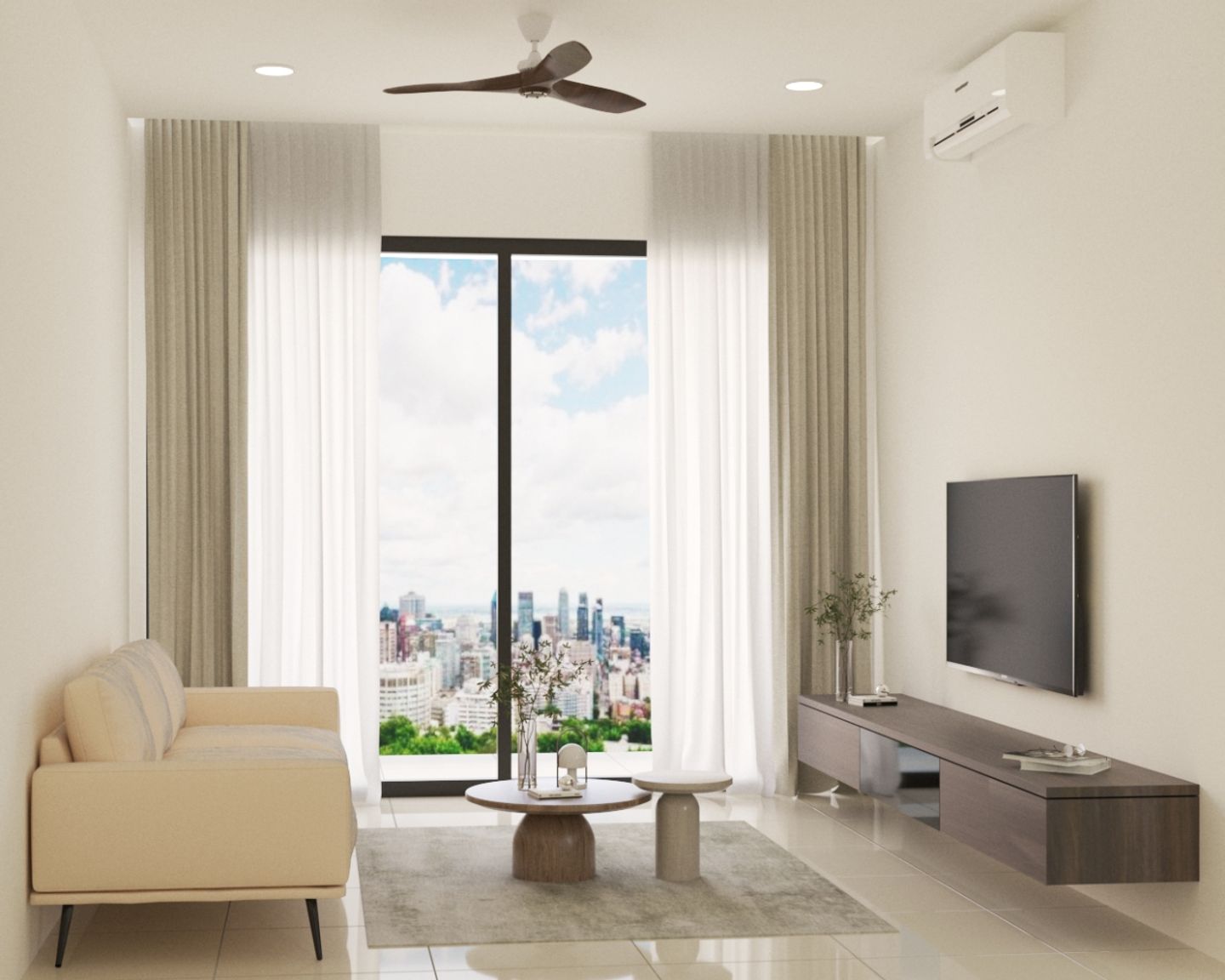 Living Room Design With Beige Sofa And Dark Wood TV Unit Design - Livspace