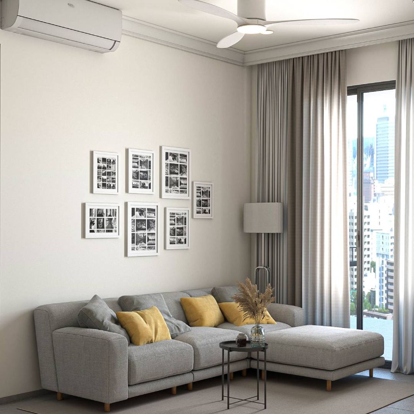 Living Room With A Grey Sofa - Livspace