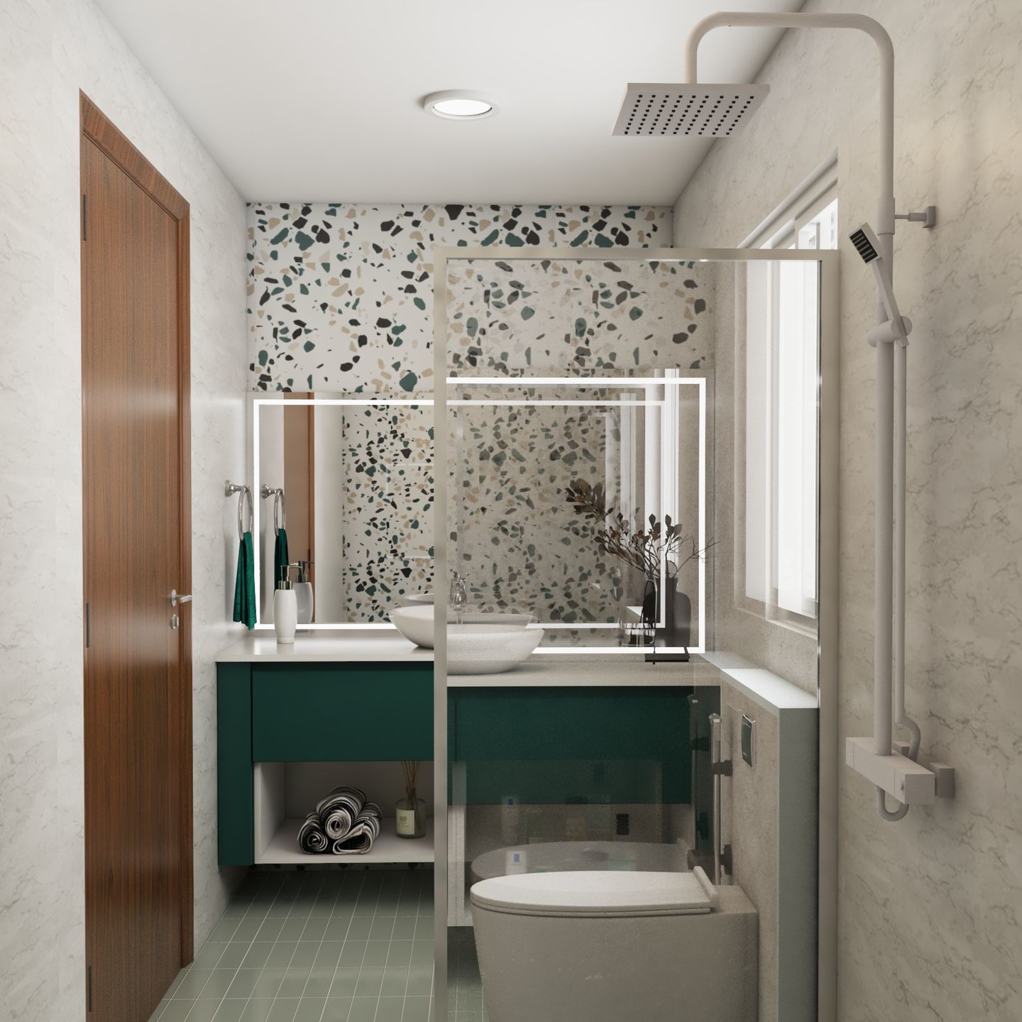 Bathroom Design With Multicolor Wall Tiles And Wall-Mounted Storage With Drawers - Livspace