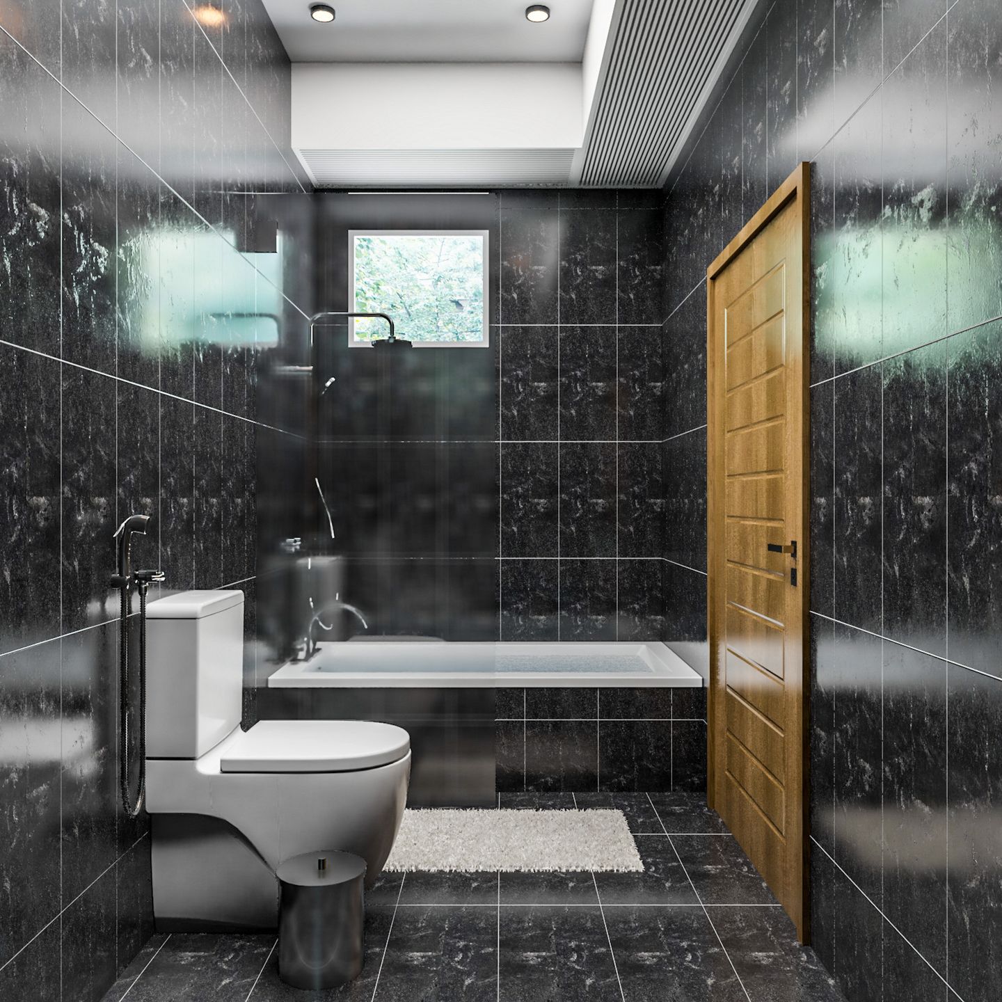 Bathroom Design With Black Wall And Floor Tiles And A White Bathtub - Livspace