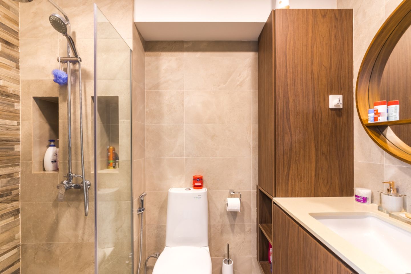Modern Beige Bathroom Design With Tall Storage Unit
