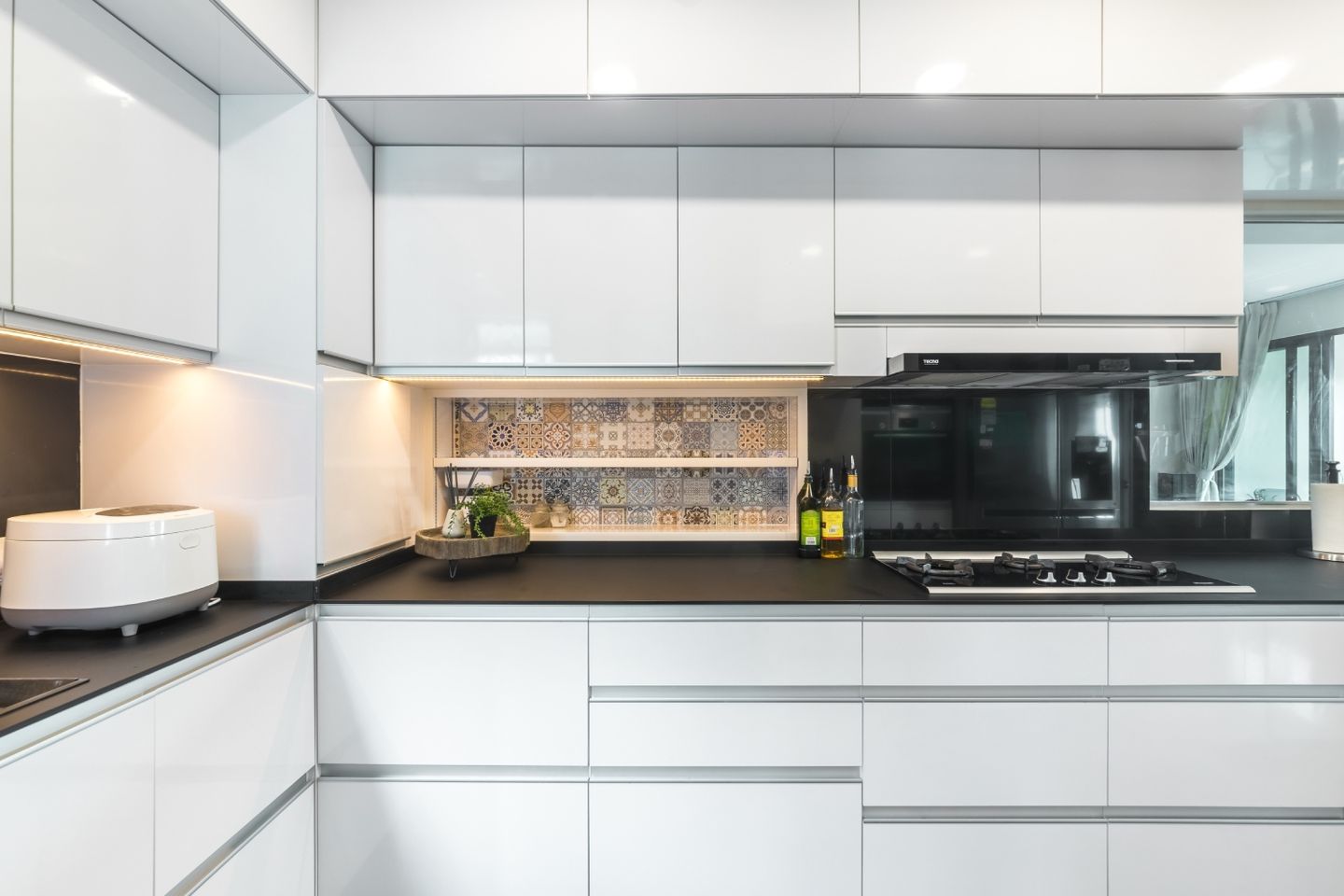 Modern Parallel Kitchen Design With White Storage Units