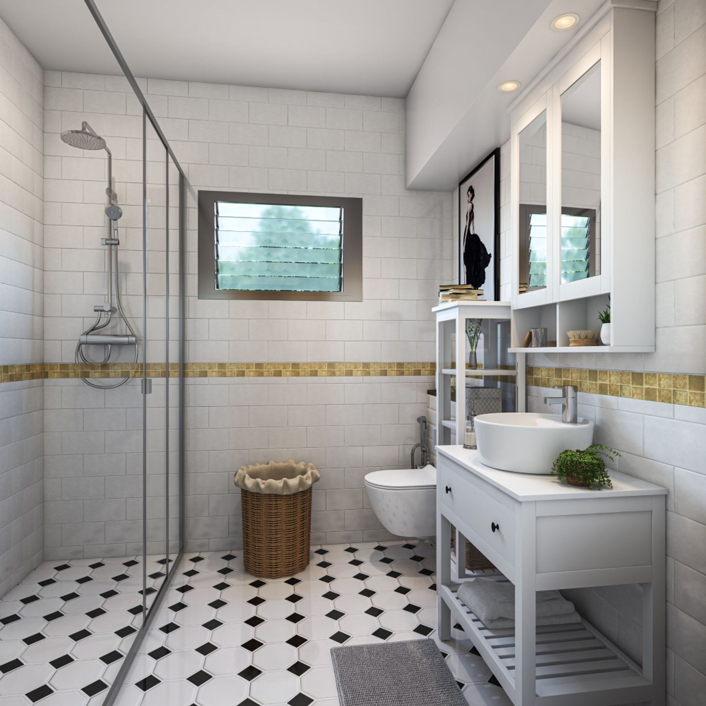 Contemporary Design With A White Vanity Unit And Subway Wall Tiles - Livspace