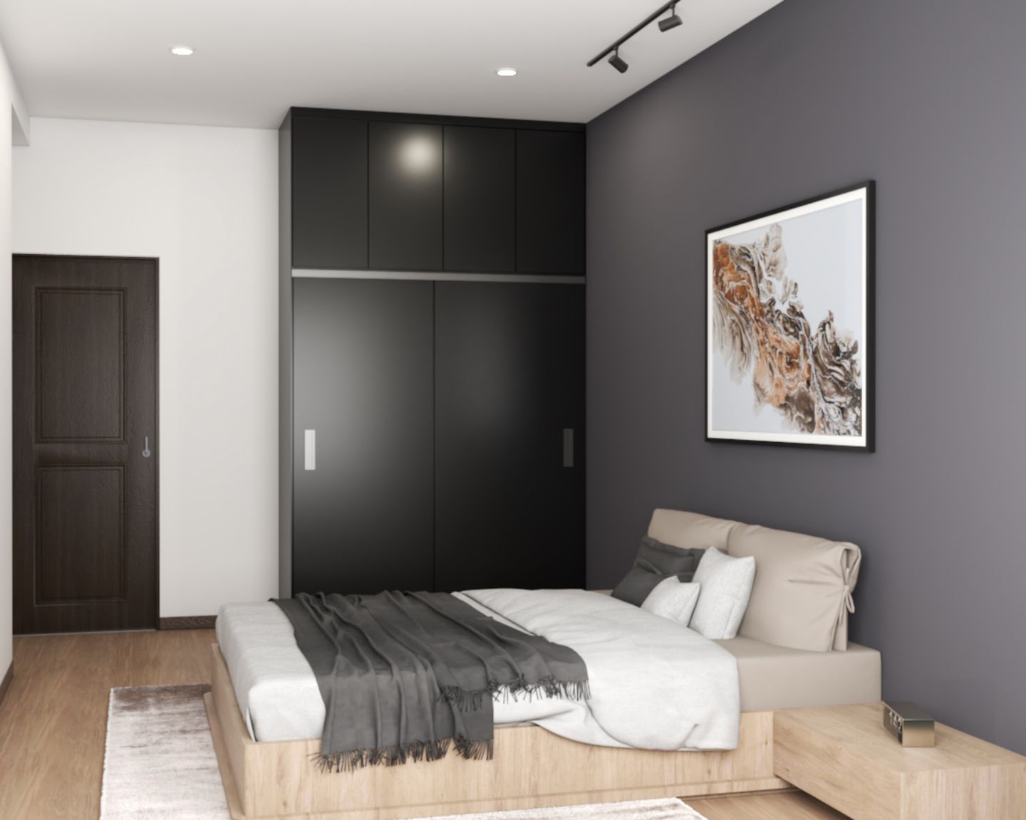 Contemporary Design With Wooden Bed And A Grey Wardrobe With A Glossy Finish - Livspace