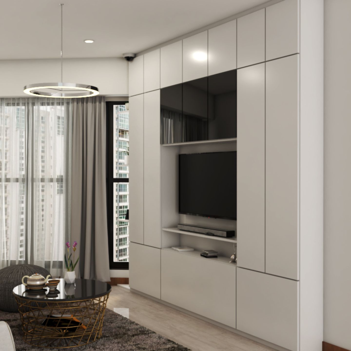 Contemporary Interior Design With A Glossy White TV Unit - Livspace