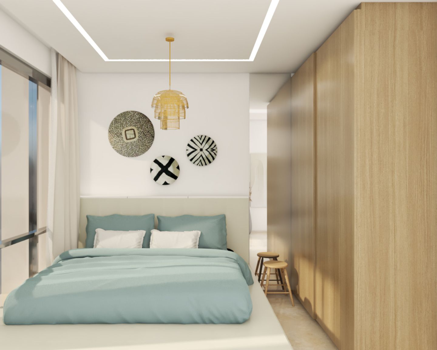 Contemporary Bedroom Design With A Double Bed And A Floor To Ceiling Wooden Wardrobe - Livspace