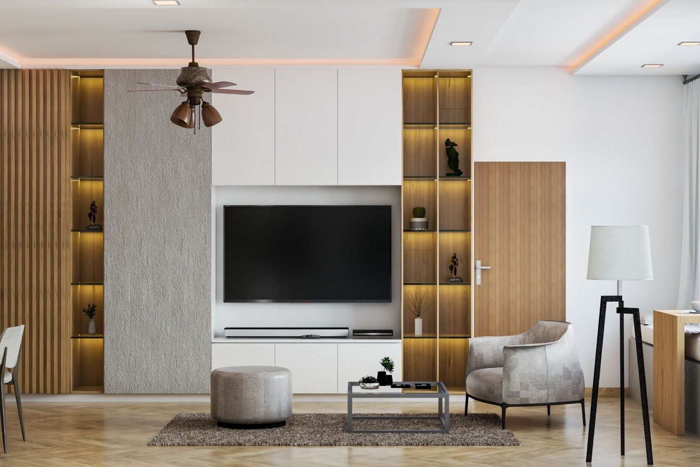 Contemporary Interior Design With A Wall-Mounted TV Unit With Open Storage And Cove Lights - Livspace