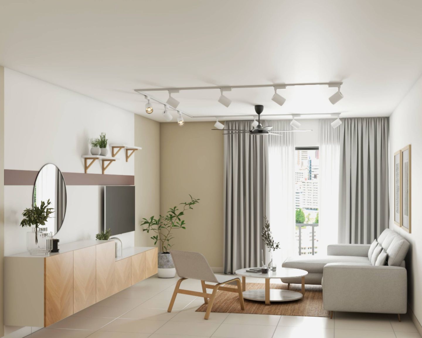 Contemporary Interior Design With A Grey Sofa And A Wooden TV Unit - Livspace