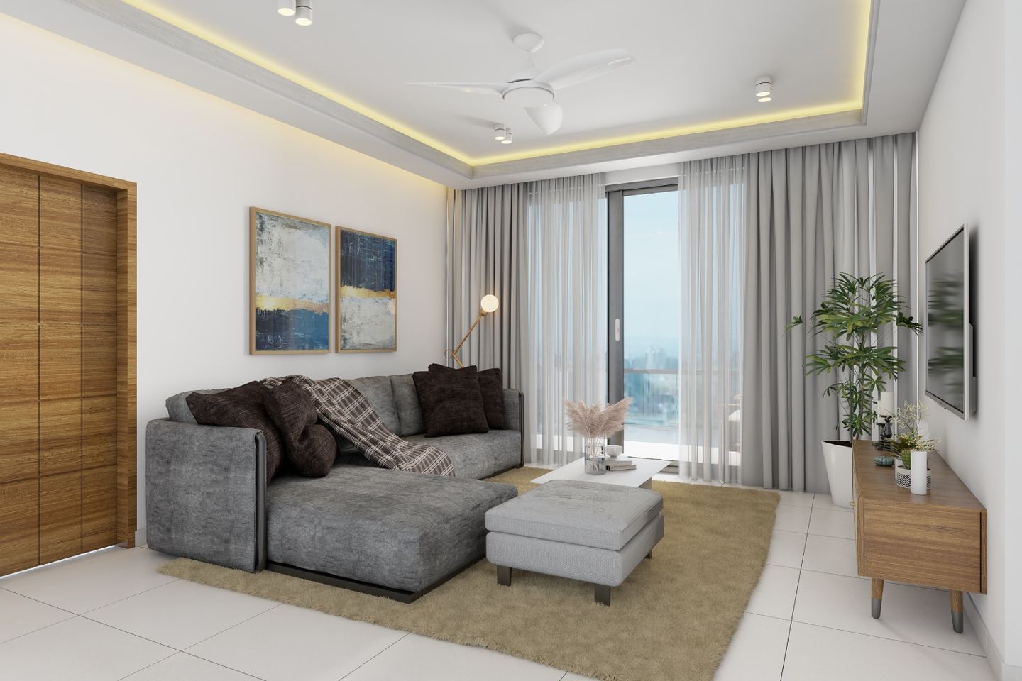 Living Room False Ceiling With Cylinder Lights - Livspace