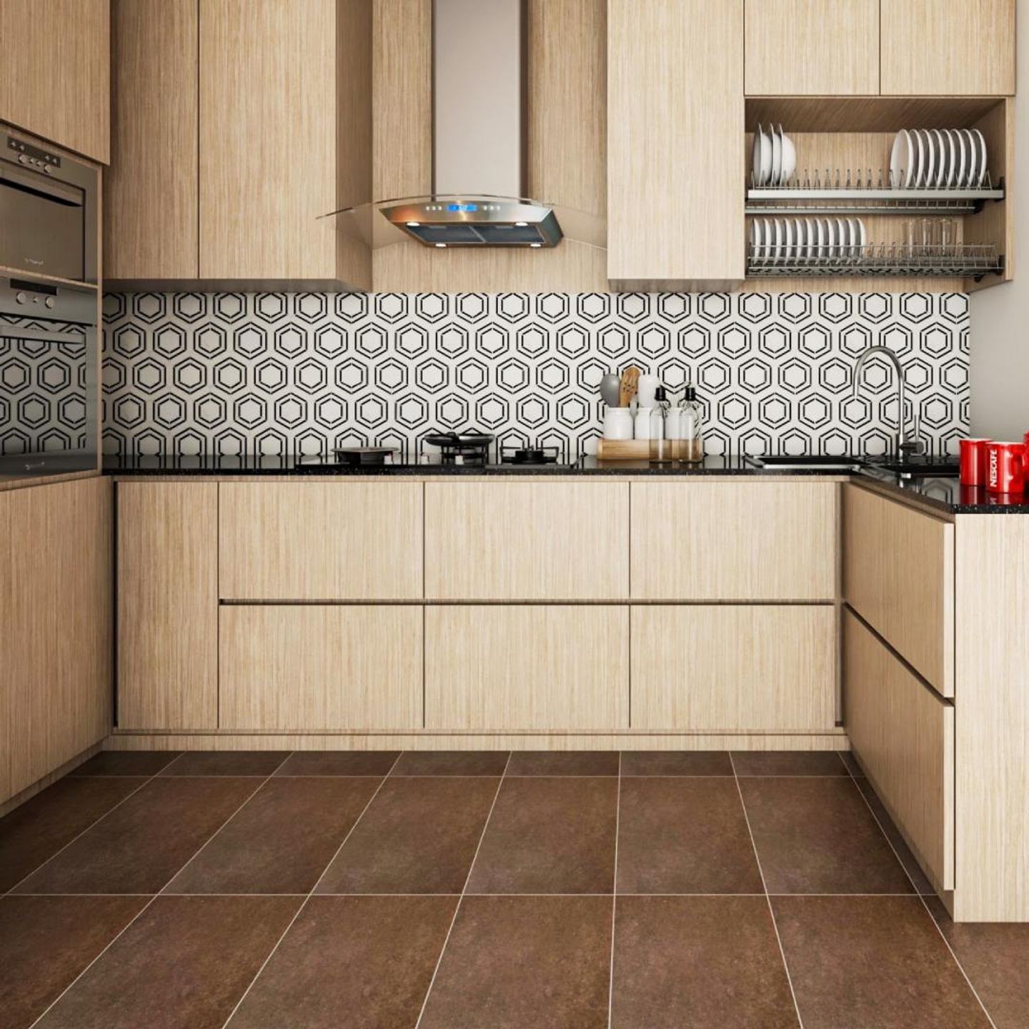 Rectangular Brown Floor Tiles For Kitchen - Livspace