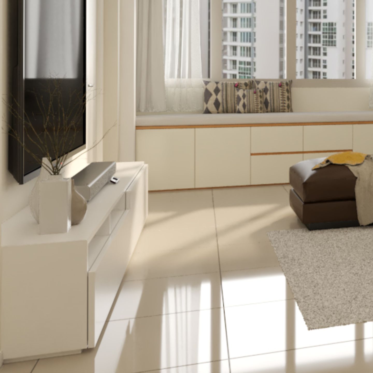 Light Cream Flooring Design With A Glossy Finish - Livspace