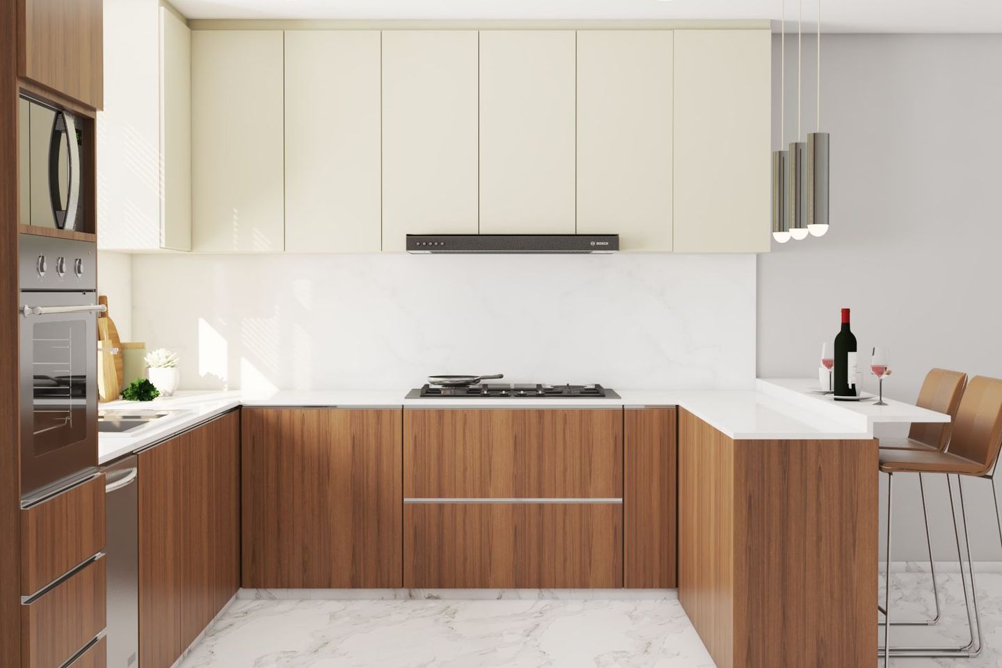 White And Brown Scratch-Resistance Laminates Design For Kitchen Cabinets - Livspace