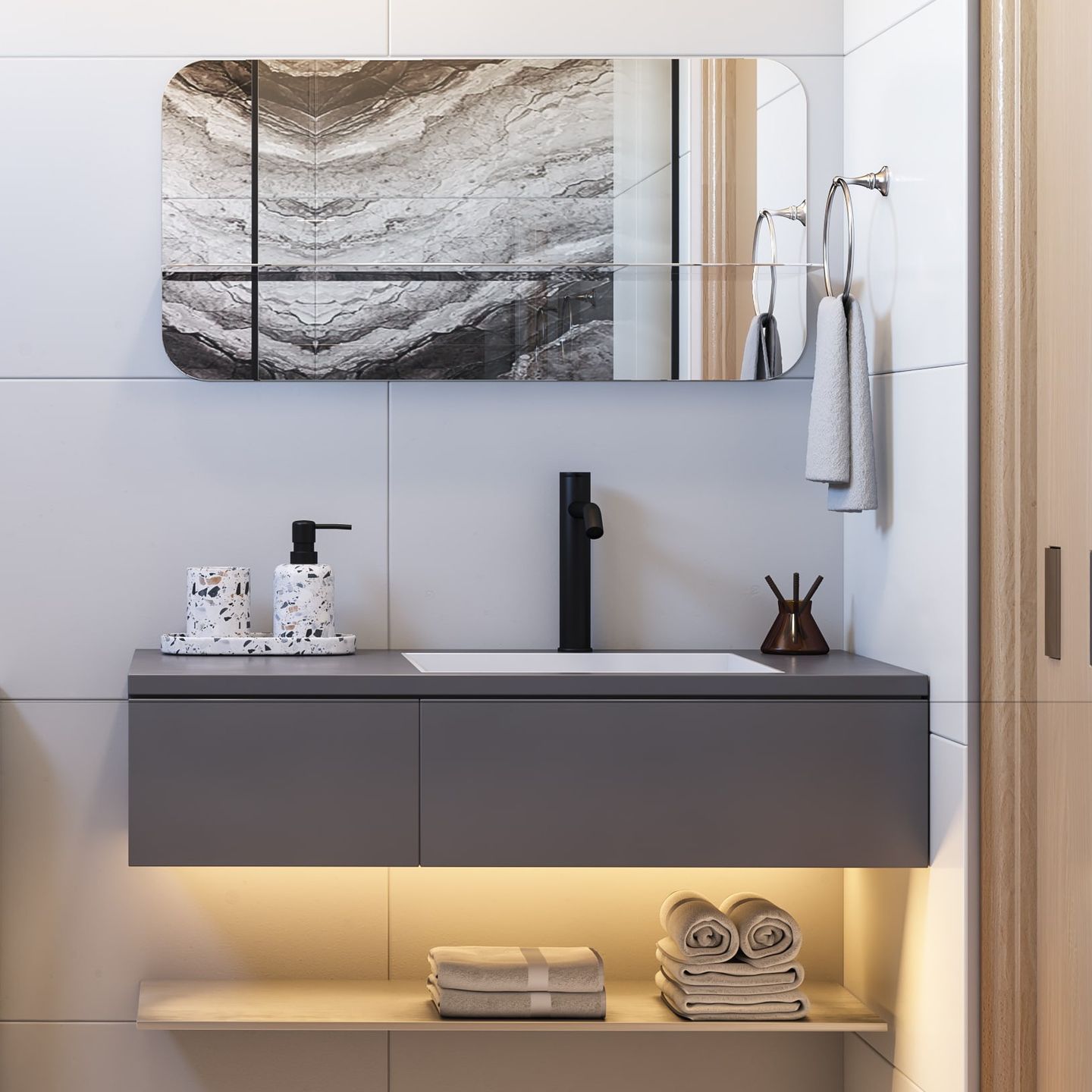 Durable Laminates Design For Vanity Units With A Grey Finish - Livspace