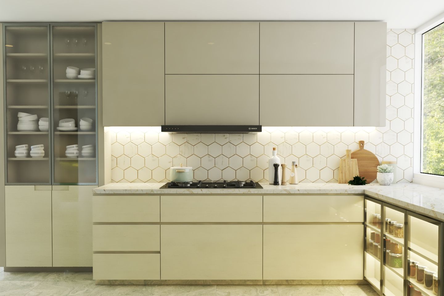 Cream Laminates Design For Kitchen Cabinets And Storage Units - Livspace