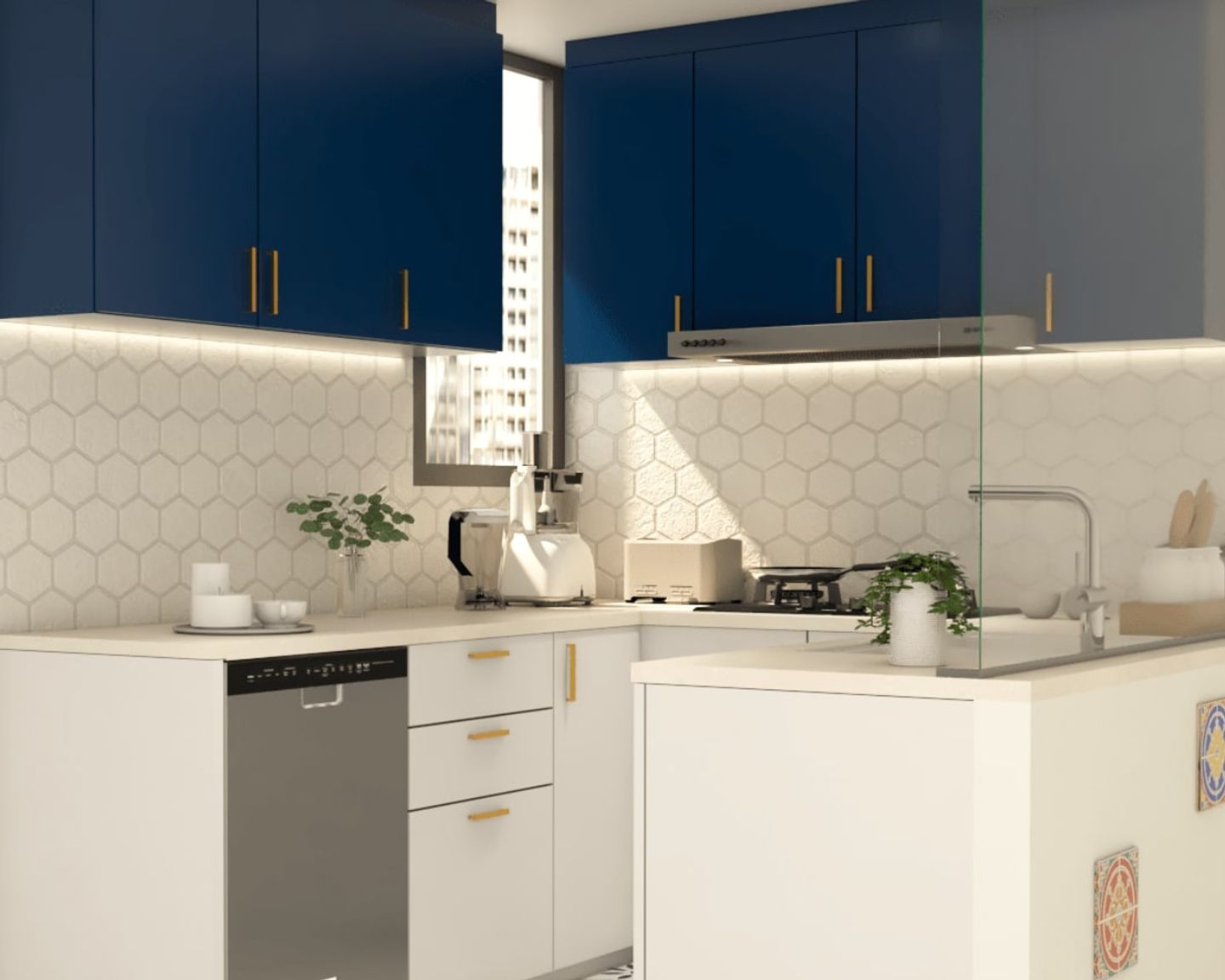 White And Blue Laminate Design For Kitchen Cabinets - Livspace