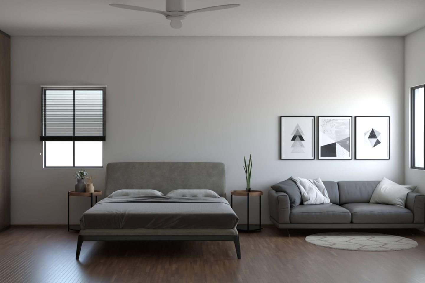 Bedroom Design With A Grey Sofa - Livspace