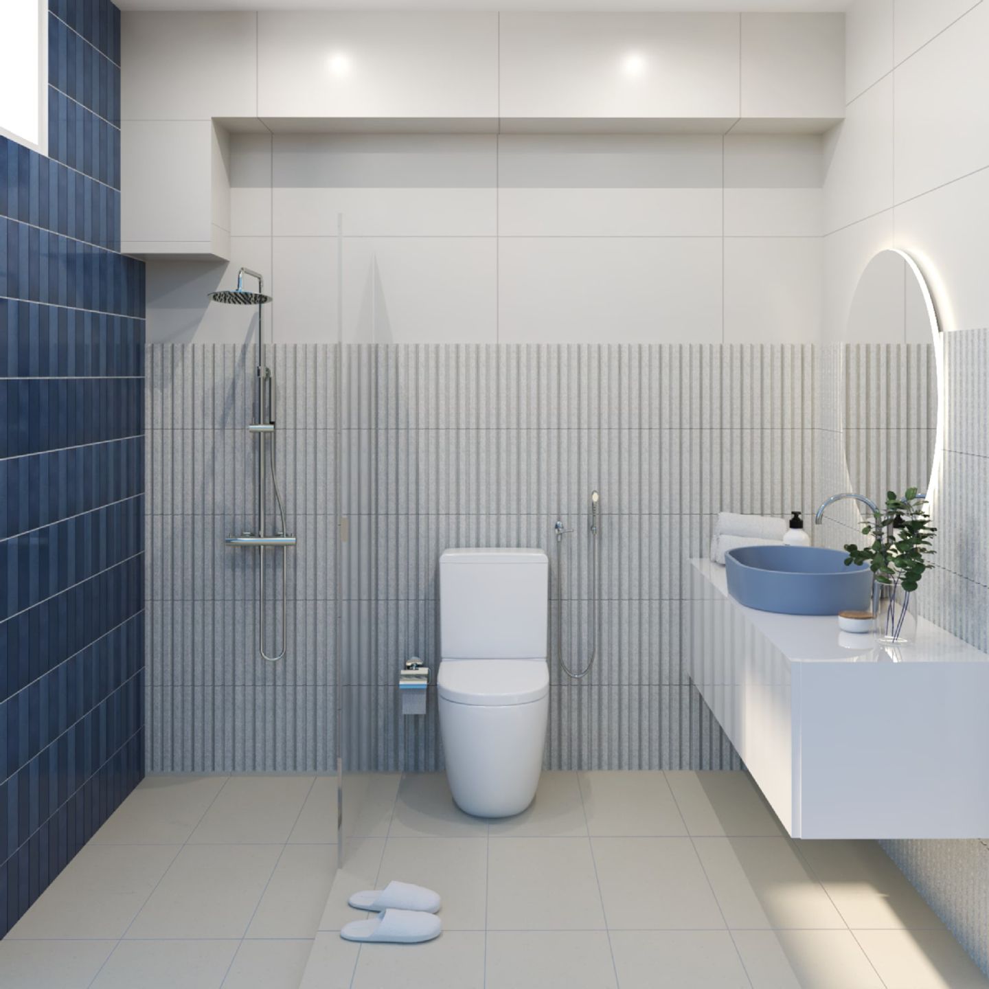 Bathroom Design With White And Blue Textured Wall Tiles And A Glass Partition - Livspace