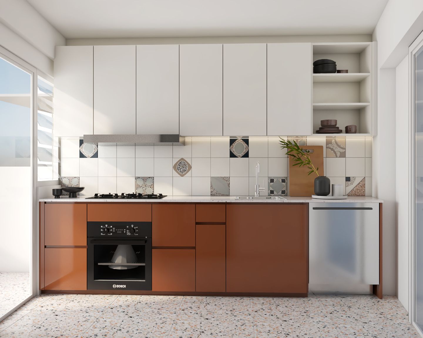 Minimalist Kitchen Design With White And Orange Cabinets For Open And Closed Storage - Livspace