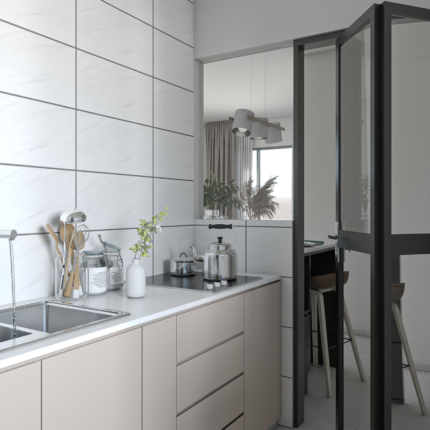 Minimalist Kitchen Design With White Backsplash And Light Beige Cabinets - Livspace