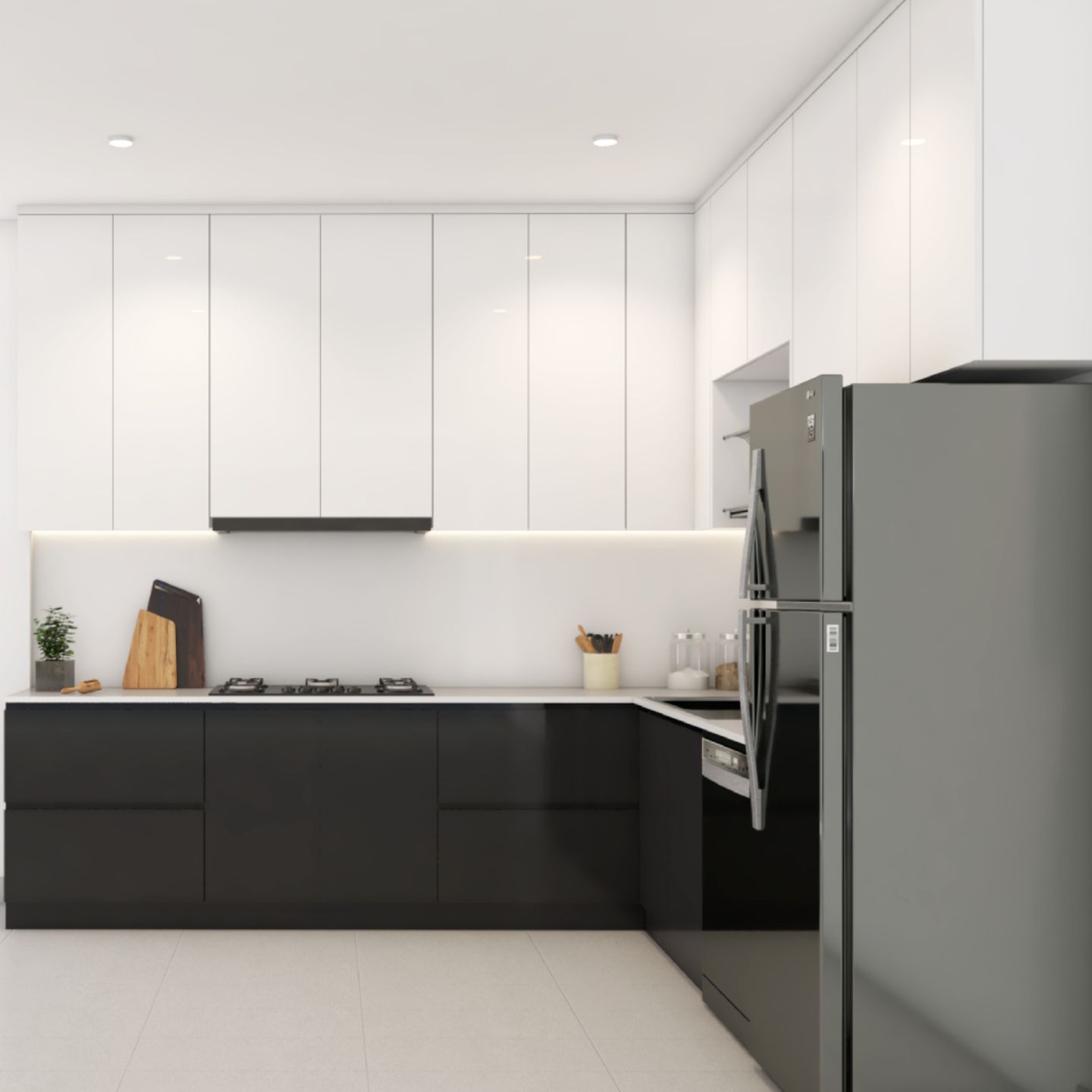 Minimalist Kitchen Design With Profiled Cove Lights And A White Backsplash - Livspace