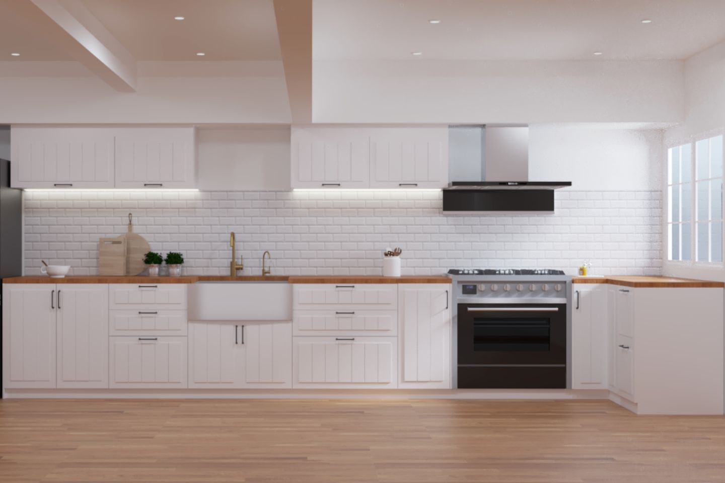 Scandinavian L-Shaped Kitchen Design With Brick Patterned Dado Tiles - Livspace
