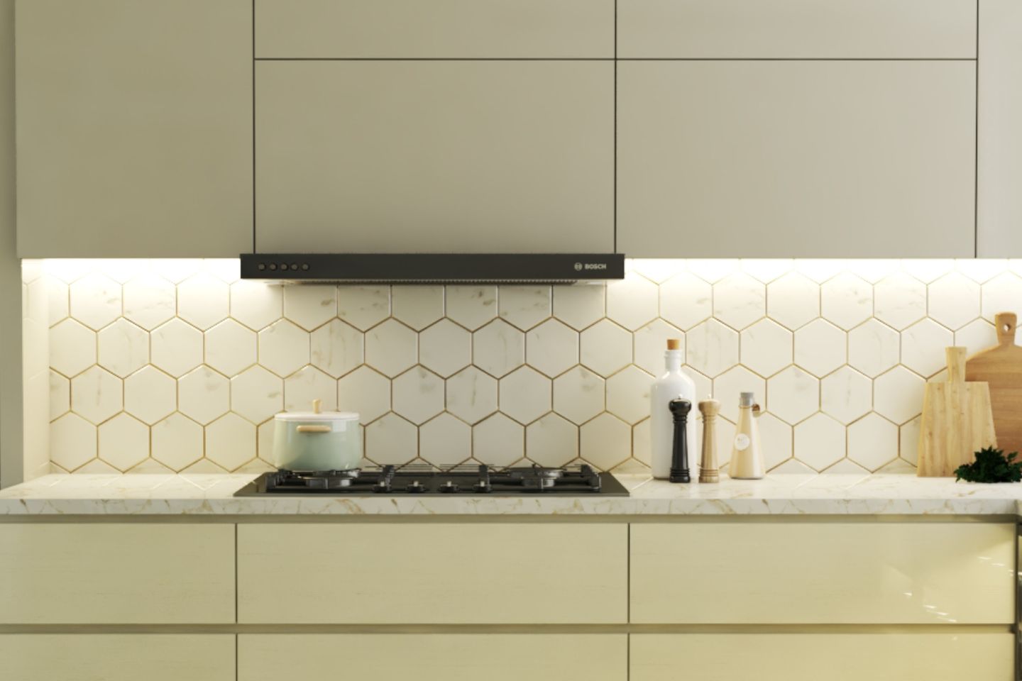 Matte Off White Kitchen Dado Tiles With A Hexagonal Pattern - Livspace