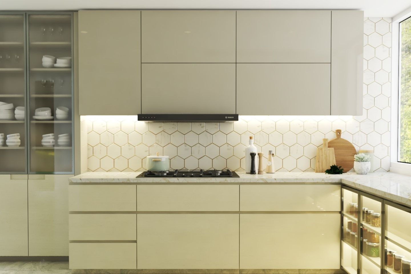 Contemporary Off White Ceramic Kitchen Tiles Design