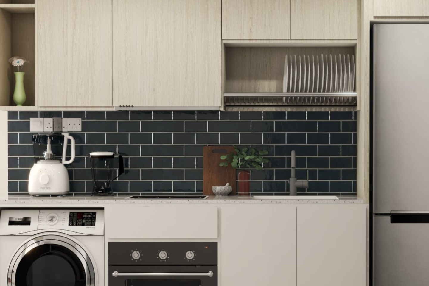 Matte Black Kitchen Dado Tiles Featuring A Brick Pattern - Livspace