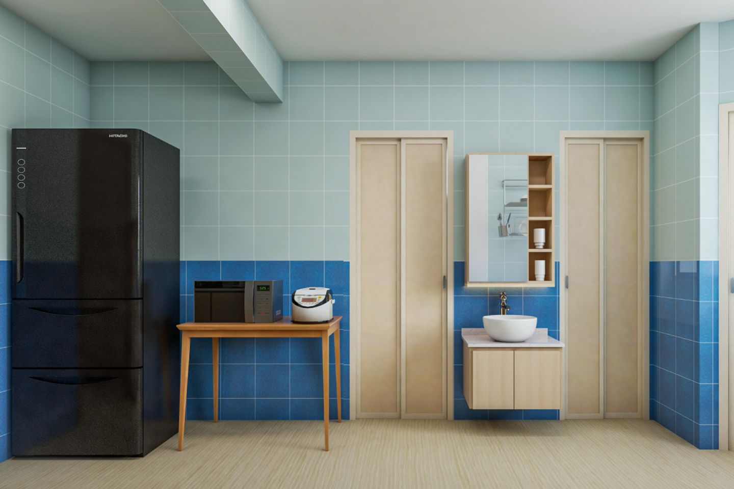 Dark And Light Blue Kitchen Wall Tiles With A Matte Finish - Livspace