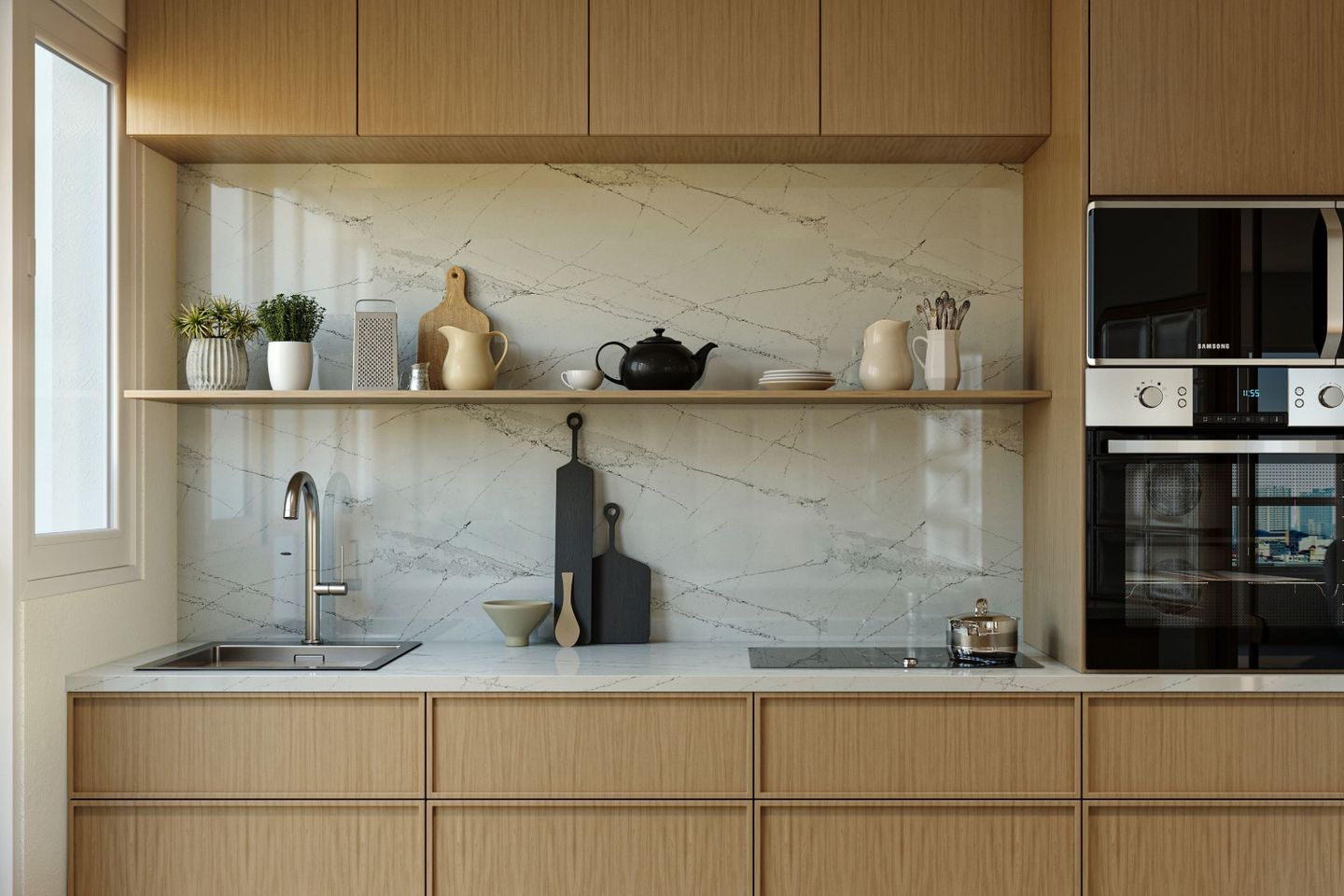 Glossy White Kitchen Dado Tiles With A Marble-Like Finish - Livspace