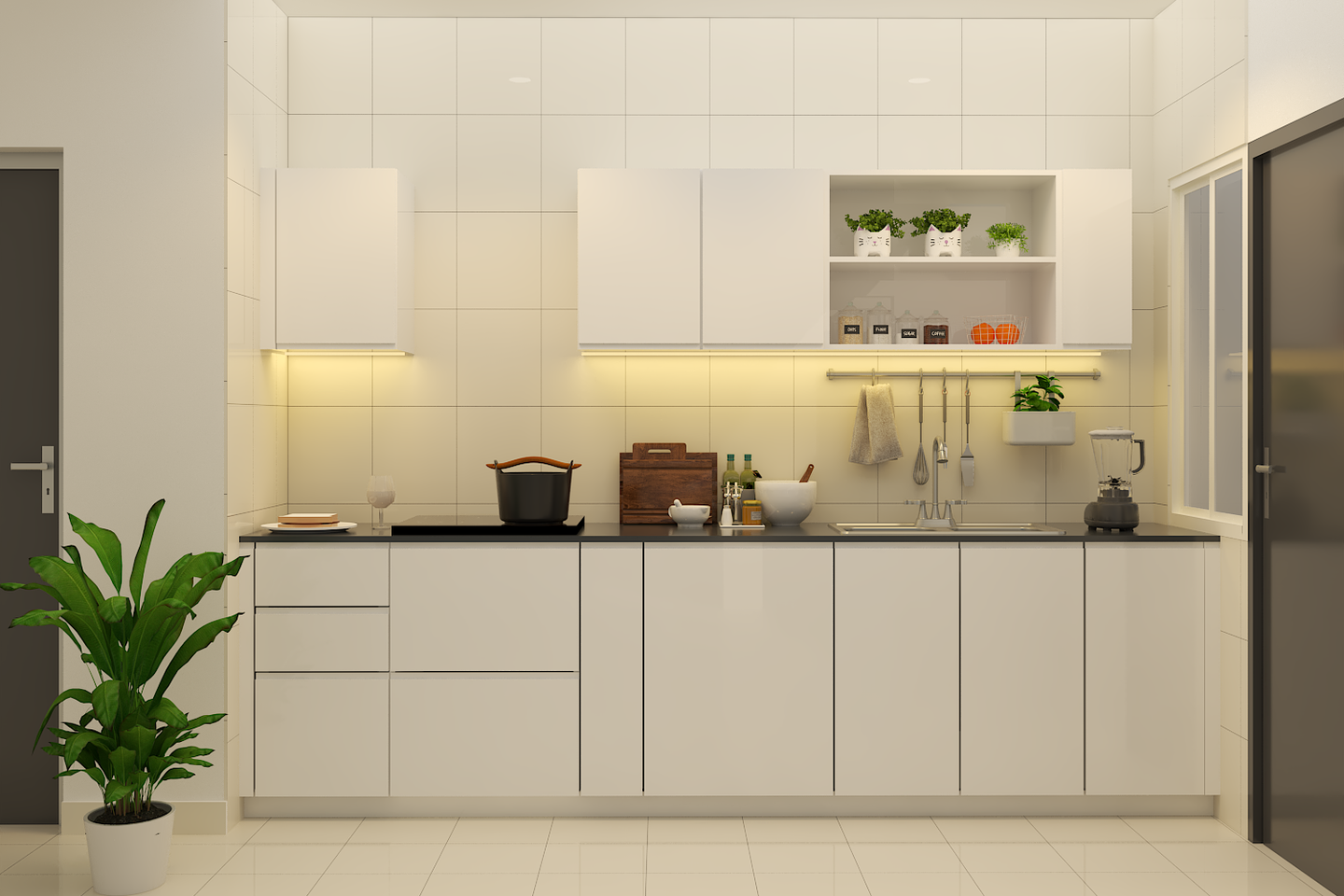 Minimal Kitchen Dado Tiles Design With A White Matte Finish