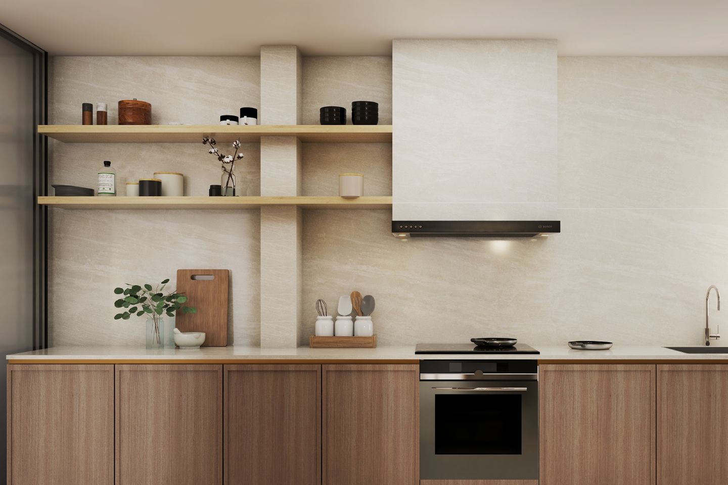 Matte Beige Quartz Tiles Design For Kitchens - Livspace