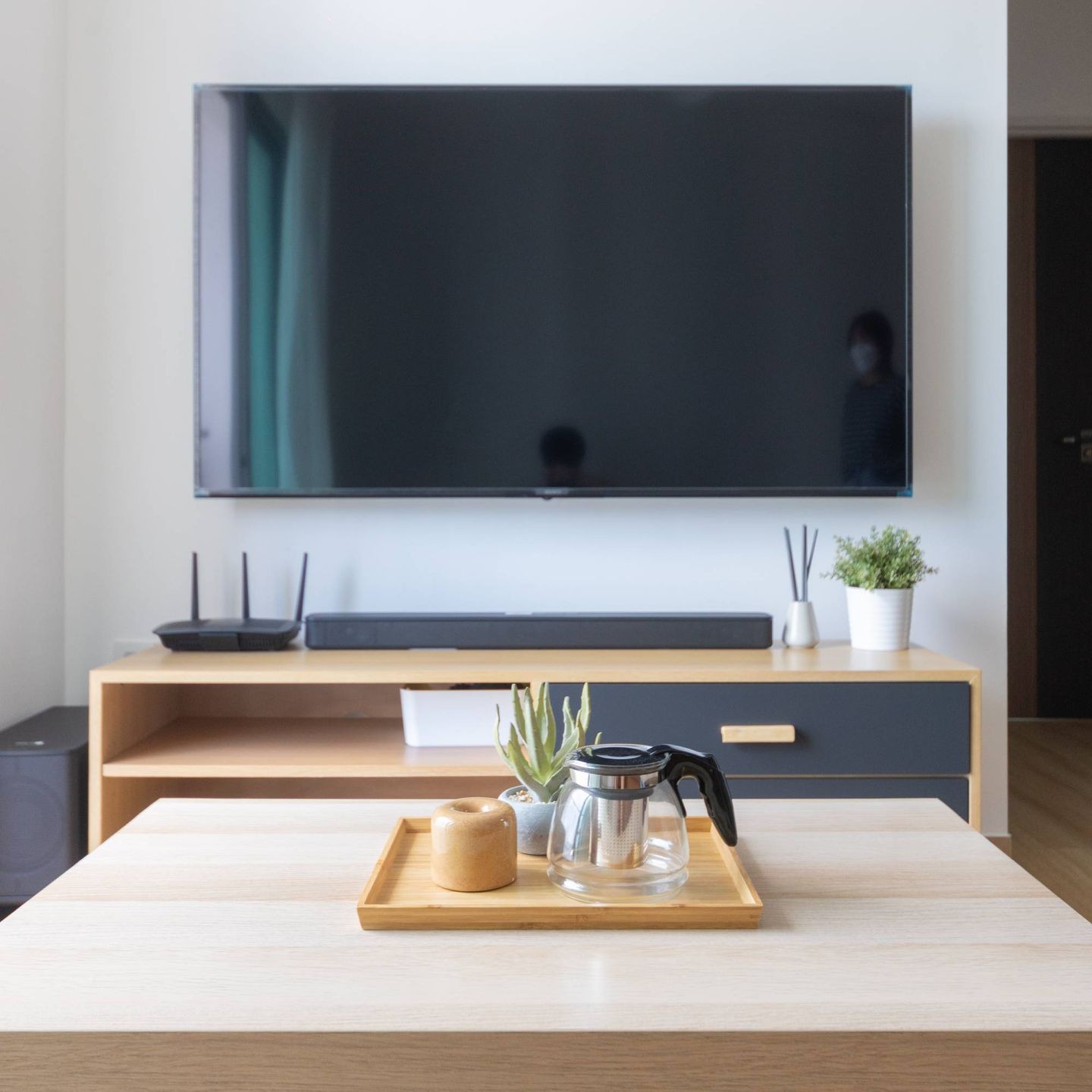 Wall-Mounted TV Cabinet With Drawers And Shutter Storage - Livspace