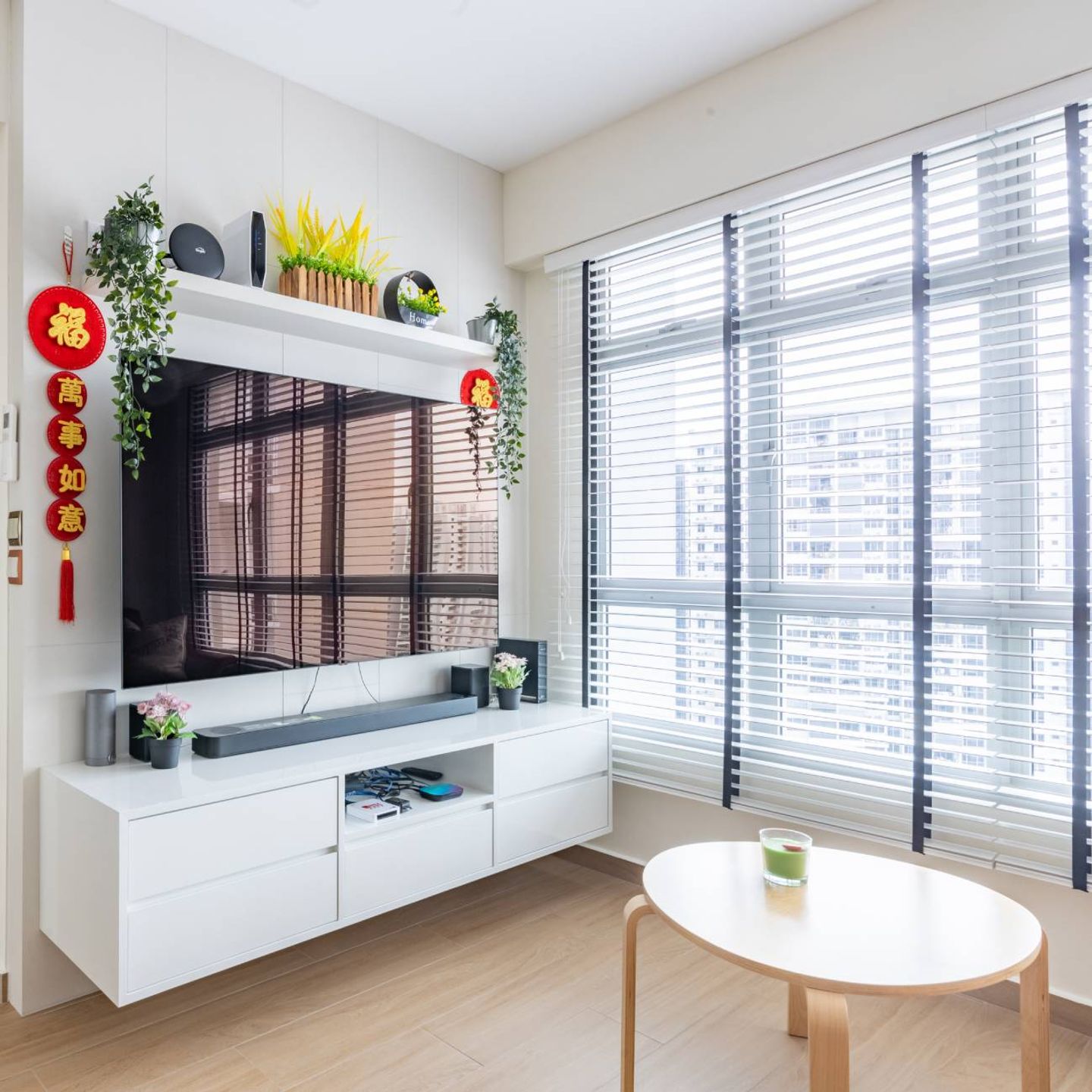 Wall-Mounted White TV Cabinet With Open And Closed Storage - Livspace