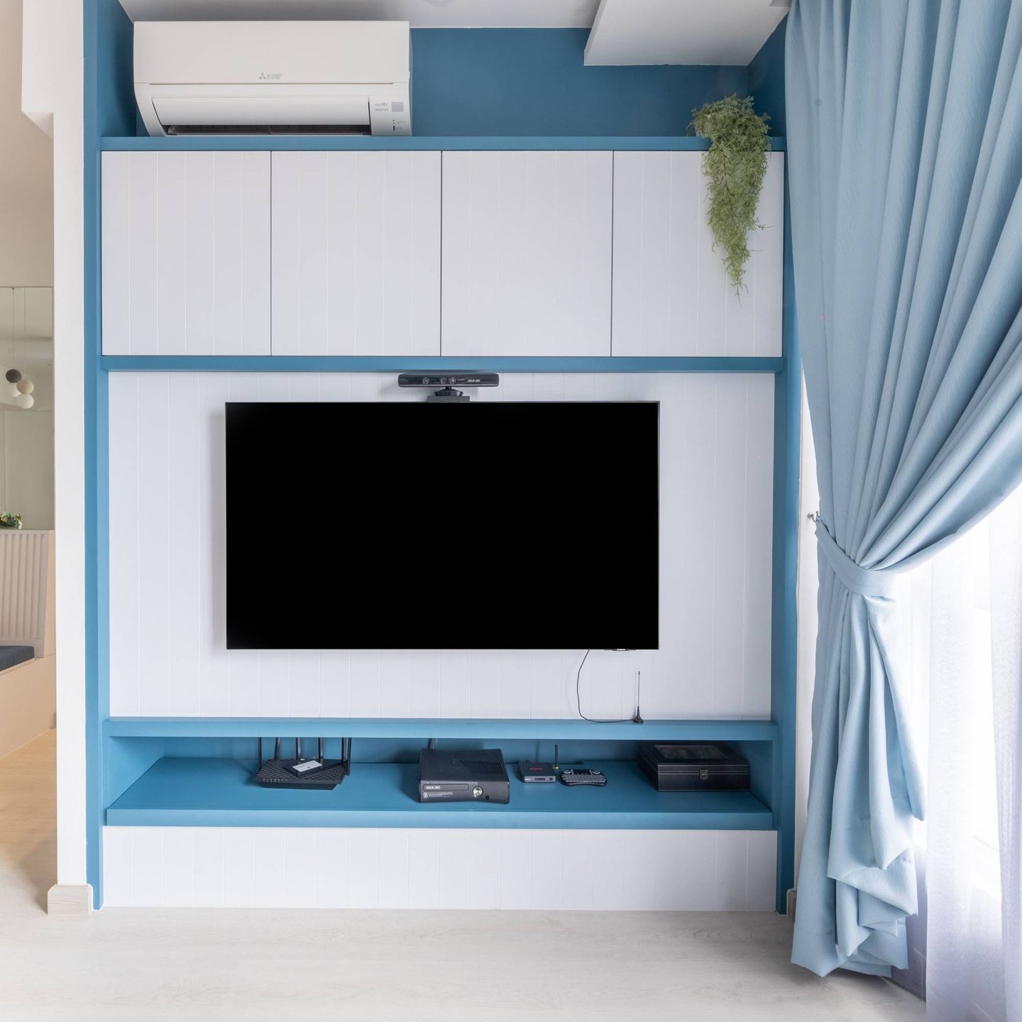 White And Blue Floor-Mounted TV Cabinet With Drawers - Livspace