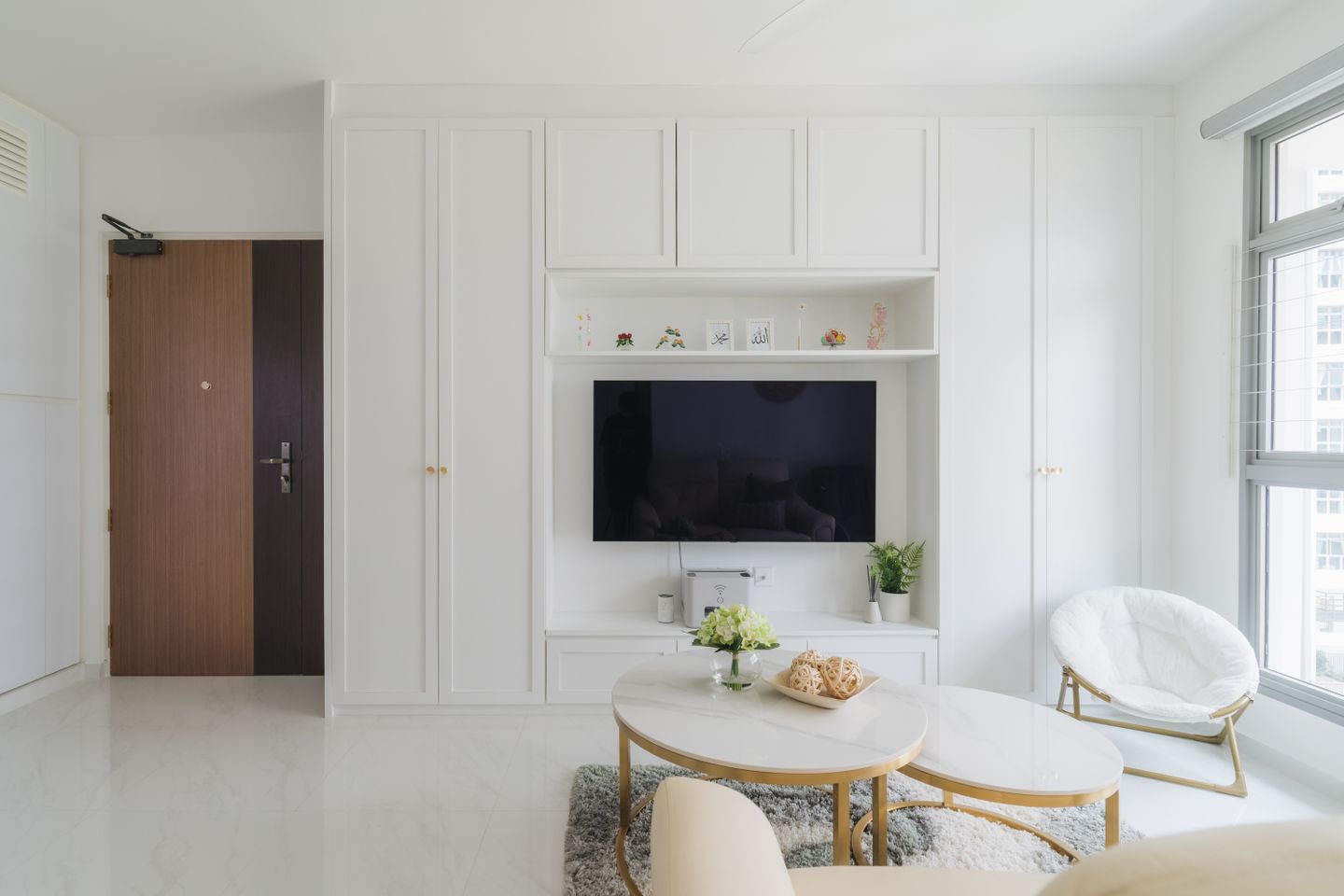 Classical White TV Cabinet Design With Closed Storage - Livspace