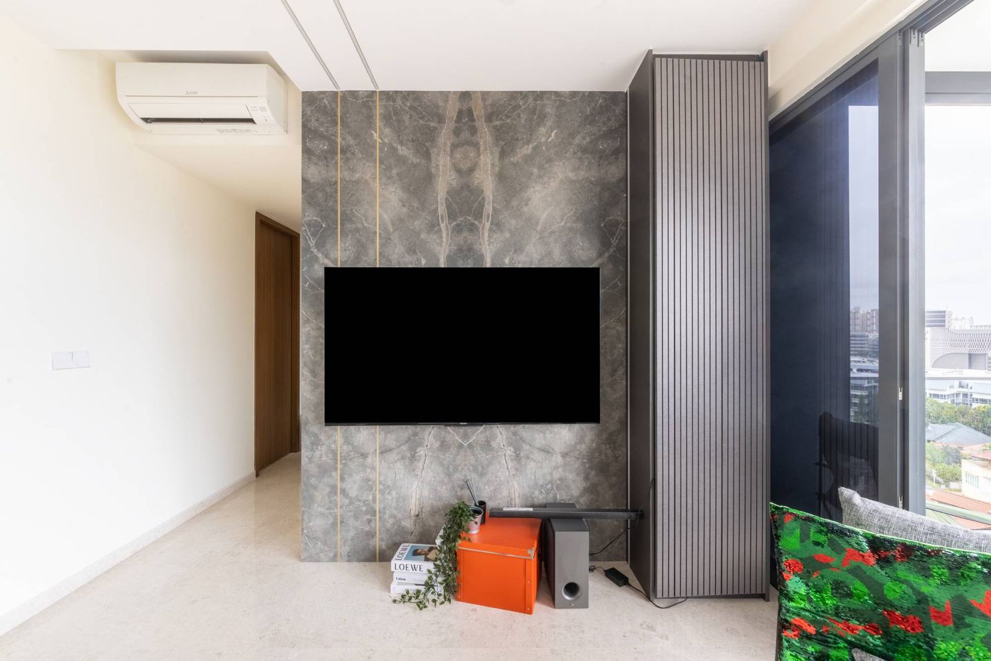 Modern Wall-Mounted TV Cabinet With Grey Wall Cladding