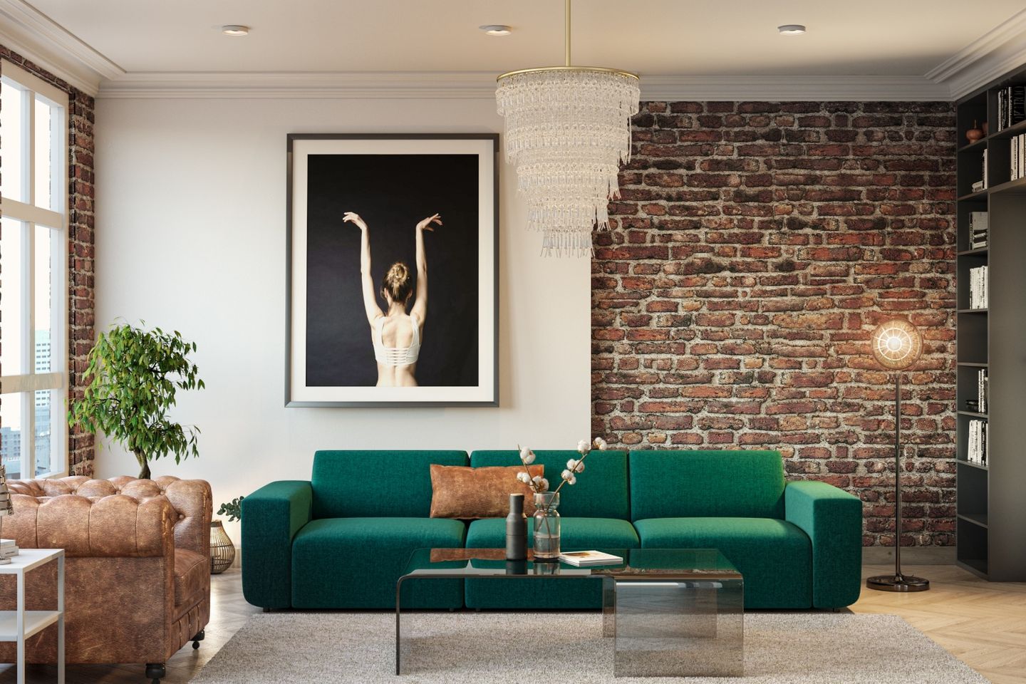 Living Room Wall Design With White Paint And Brick Wallpaper - Livspace
