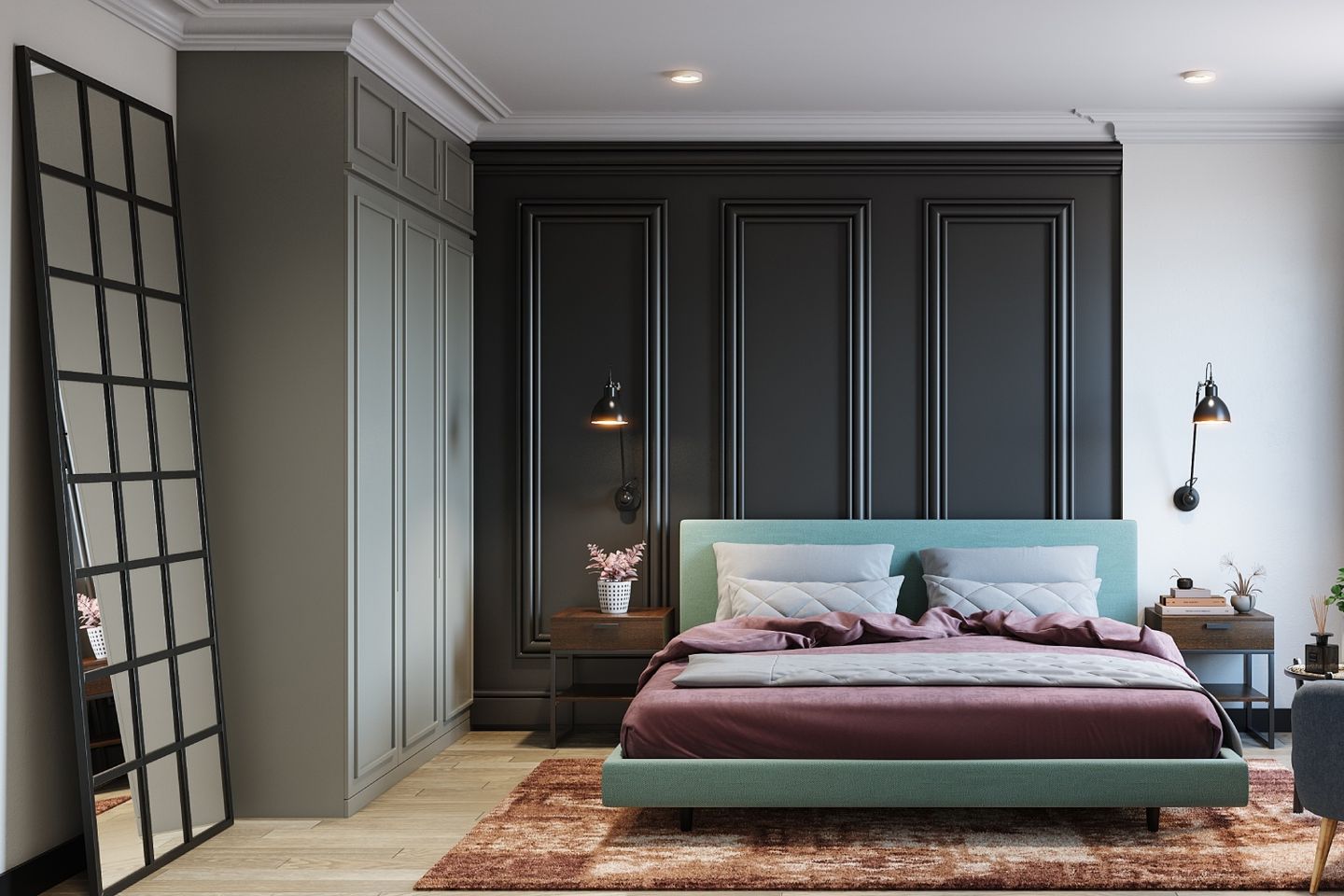 Bedroom Wall Design With Dark Grey Trims - Livspace