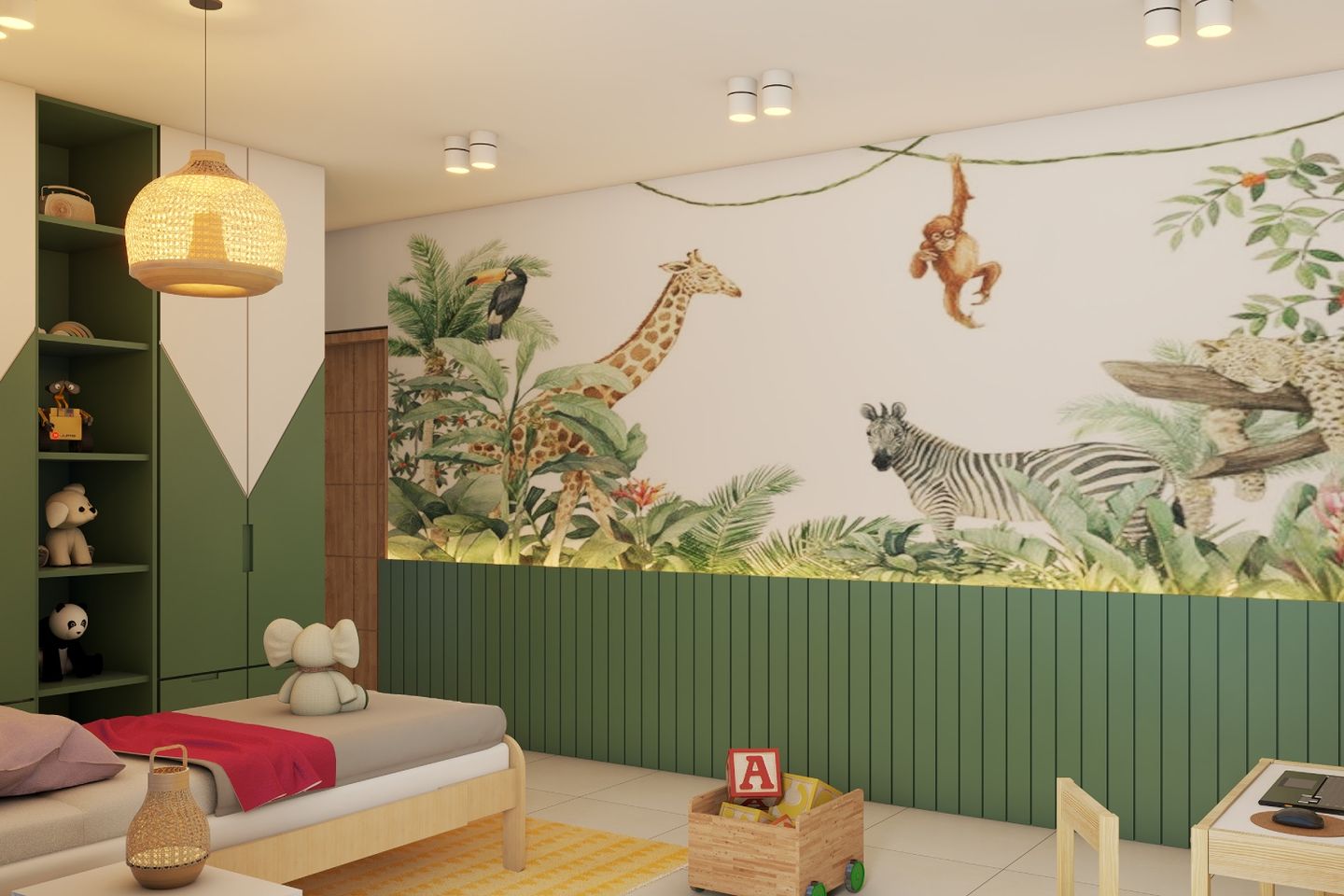 Forest-Themed Wall Design With A Wallpaper And Green Panels - Livspace