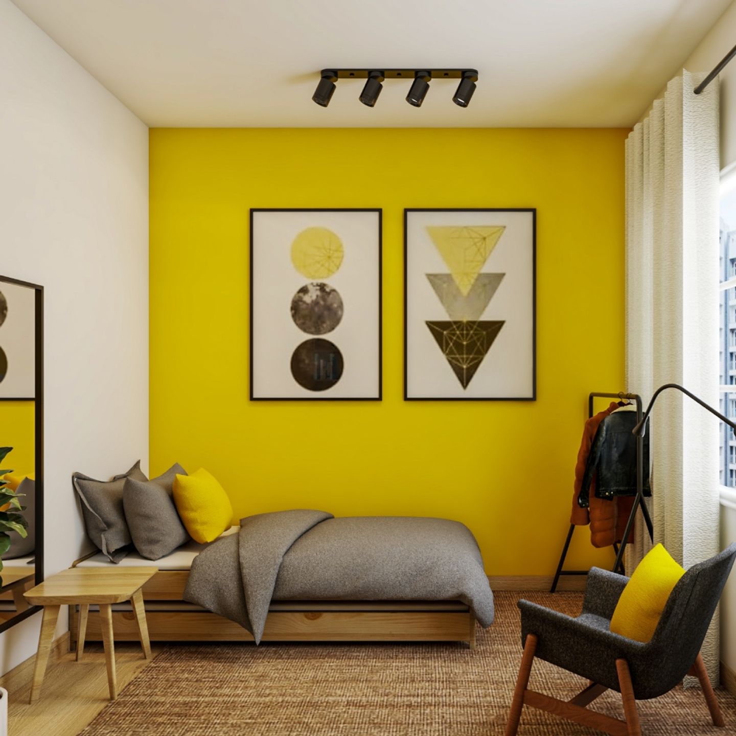 Bright Yellow Wall Paint Design With Wall Frames - Livspace