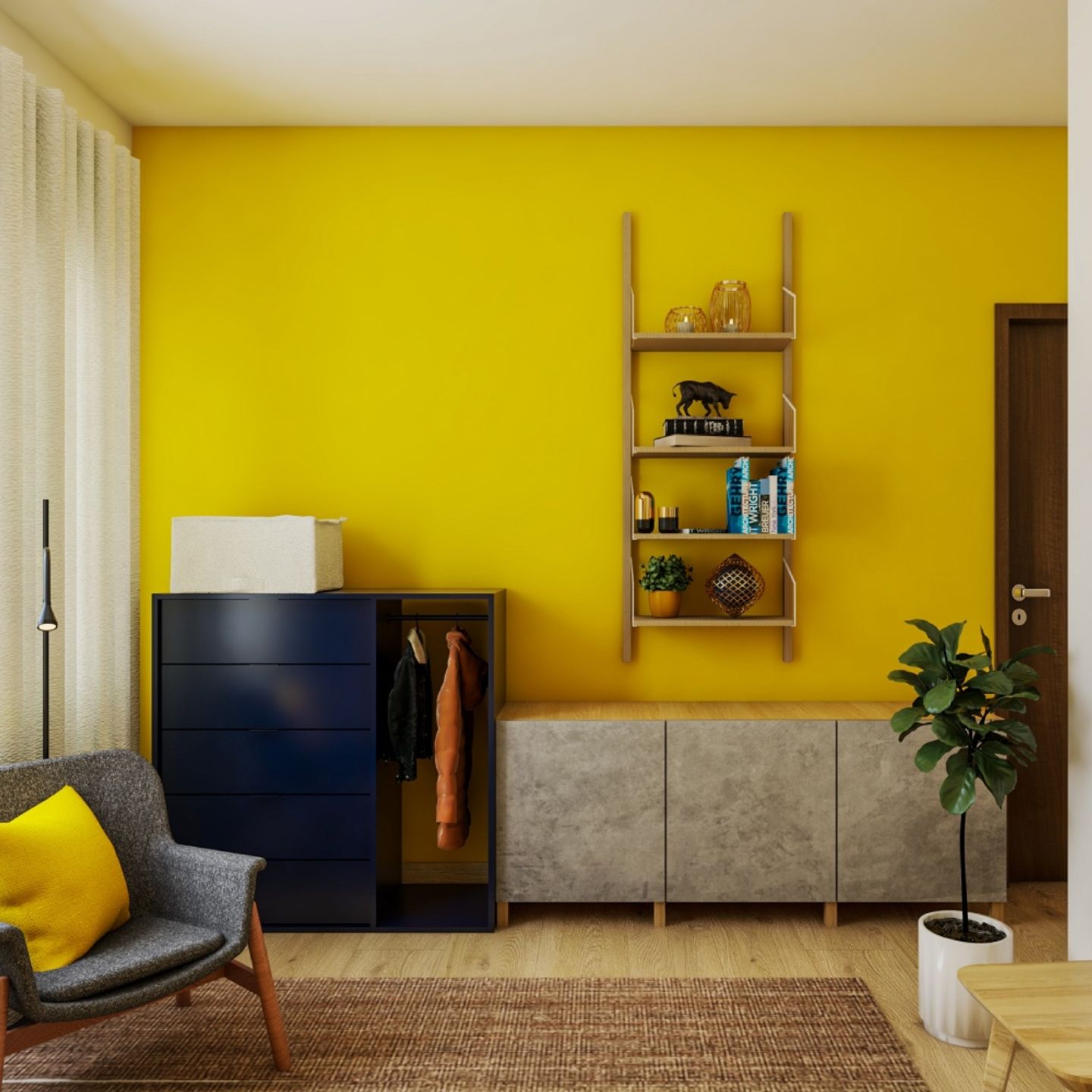 Modern Yellow Wall Paint Design With Framed Art