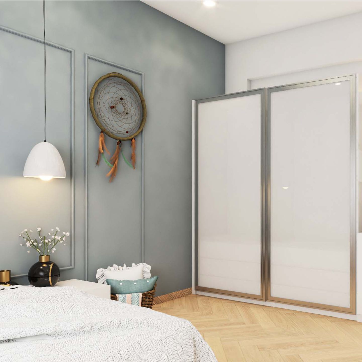 Light Grey Bedroom Wall Paint Design With Trims - Livspace