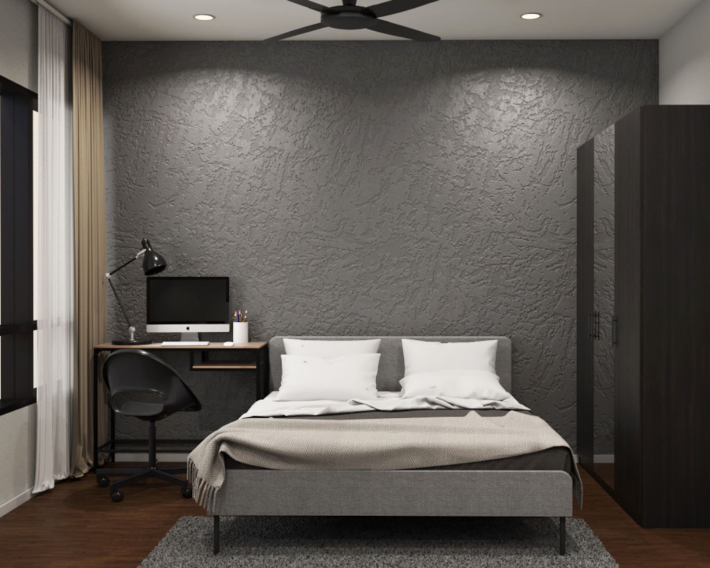 Dark Grey Bedroom Wall Paint Design With A Textured Finish - Livspace