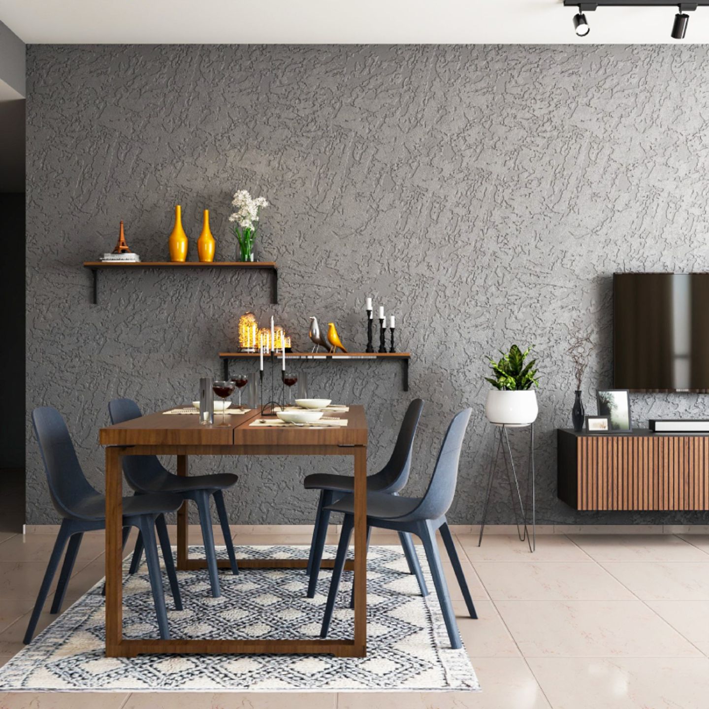 Dark Grey Wall Paint Design With A Textured Finish For Dining Rooms - Livspace
