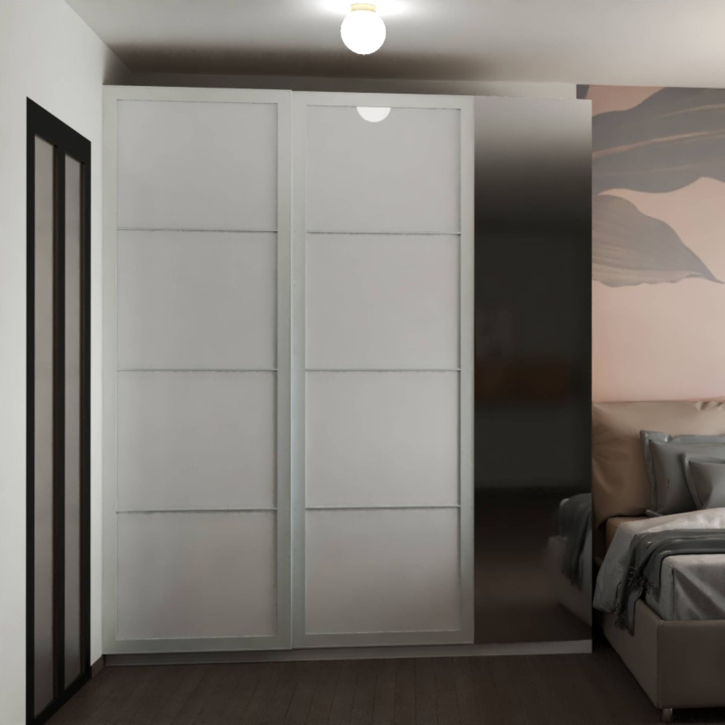 Minimalist Grey Wardrobe Design With Shutters And An Inbuilt Mirror - Livspace